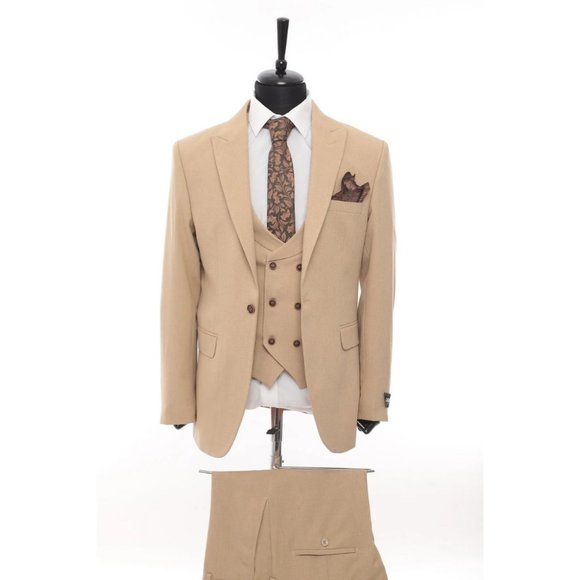 Derman Cream Patterned Fabric Luxury Suit 3 Pieces - Picture 1 of 6